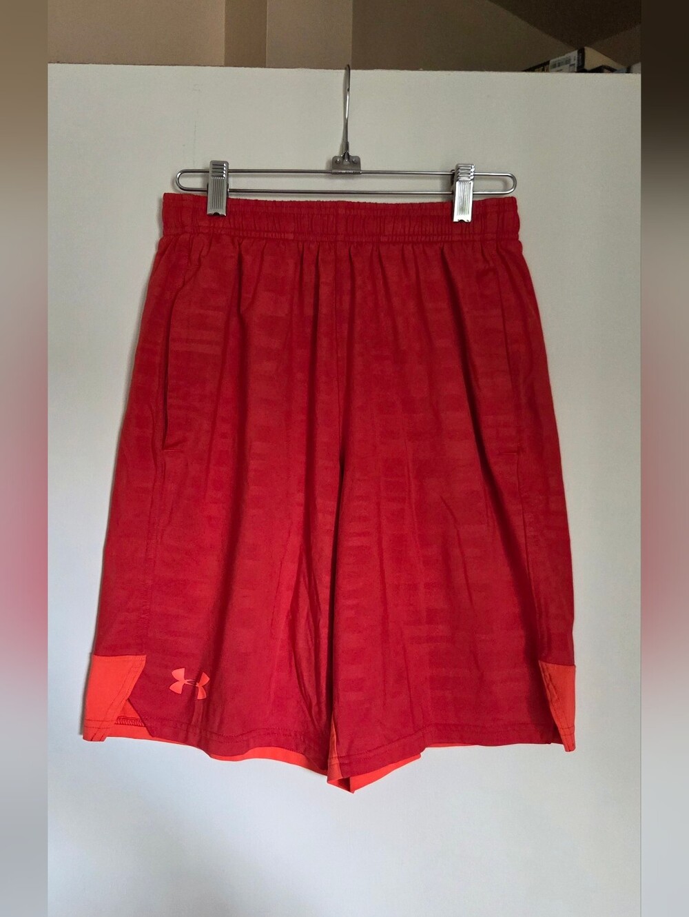 Under Armour Youth "Loose" Red Athletic Shorts with Orange Accents, SZ SM